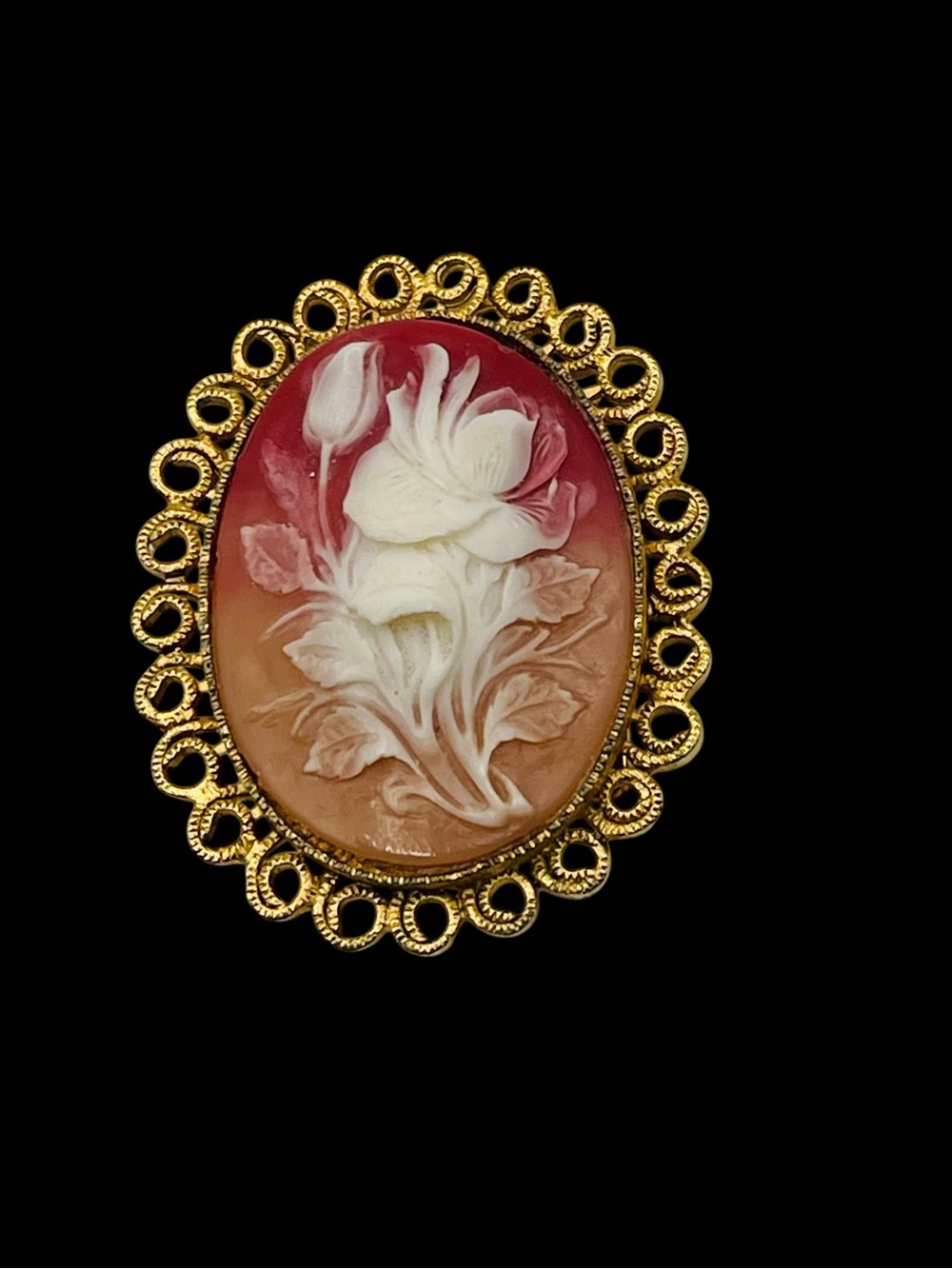 Vintage Gold Tone Ornate Floral Cameo Scarf Clip Brooch Estate Pc